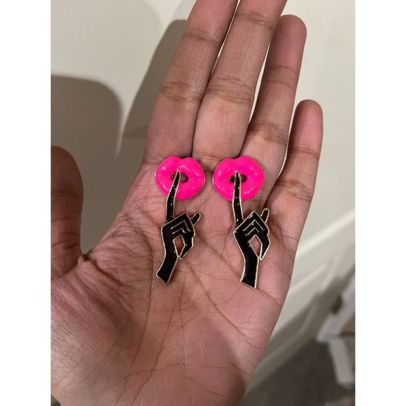 Hot pink stud earrings big statement large hot pink black stud neon chunky lips - Picture 4 of 6